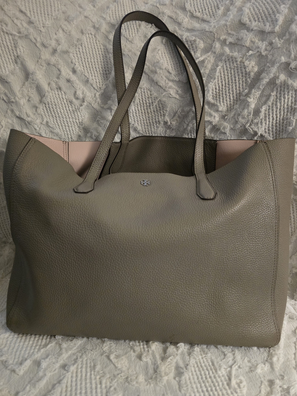 Tory Burch in Taupe with Pink Trim - Designer Style
